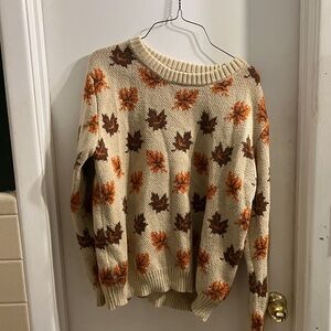 Autumn Leaf Patterned Sweater - Cream and Brown